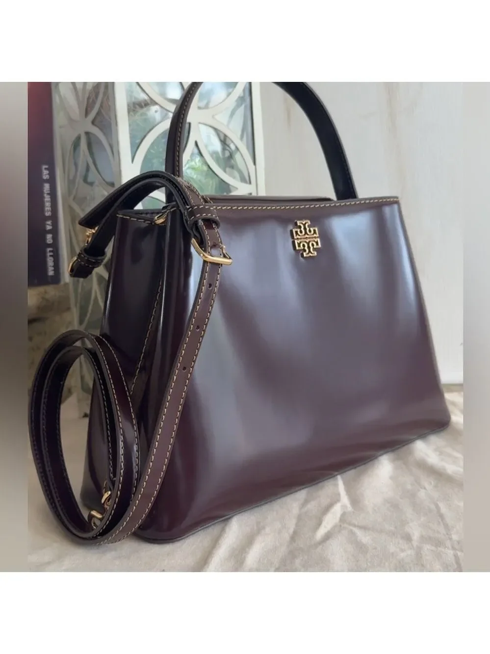 New 900+! Tory Burch BRITTEN SMOOTH SATCHEL & Matching Wallet TEMPRANILLO / Gold